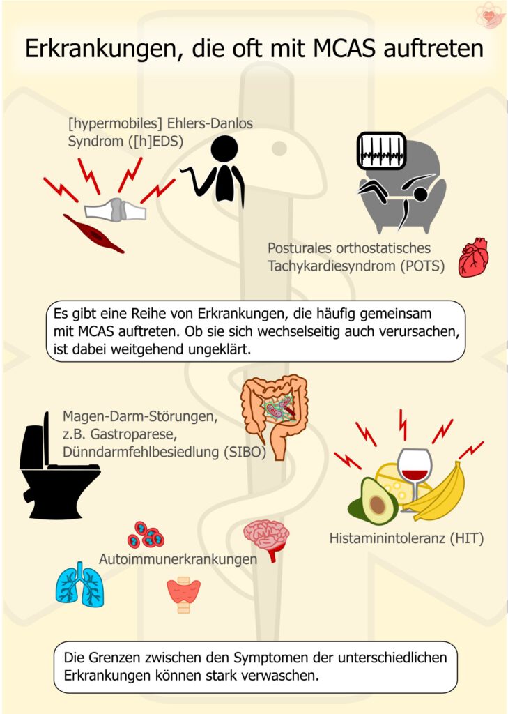 Zentrale Überschrift "Erkrankungen, die oft mit MCAS auftreten" mit mehreren Krankheitsbildern. Dargestellt sind Symbole für Gelenke, Herz-Kreislauf-System, Verdauungstrakt und Immunsystem. Illustrationen stehen für hEDS, POTS, Histaminintoleranz, Magen-Darm-Erkrankungen und Autoimmunerkrankungen.