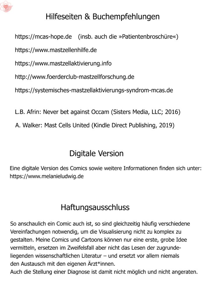 Schlichte Informationsseite mit Webadressen, Buchempfehlungen und rechtlichem Hinweis, der besagt, dass der Comic die Realität naturgemäß vereinfacht und nicht die Diagnose und den Austausch mit behandelnen Ärzt:innen ersetzen kann.