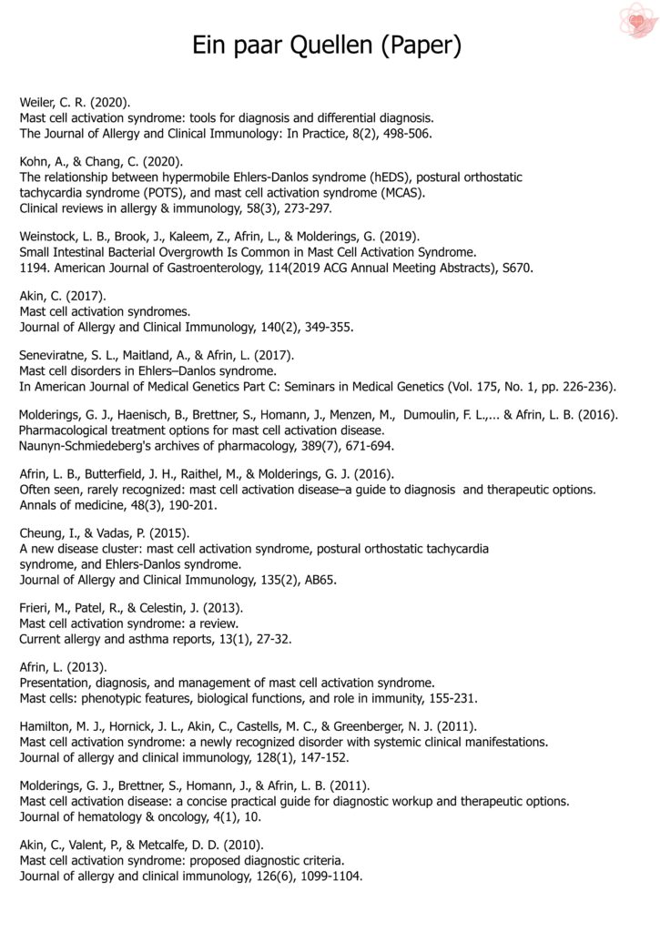 Reine Textseite mit einer umfangreichen Literaturliste wissenschaftlicher Publikationen zum Thema Mastzellen und MCAS.