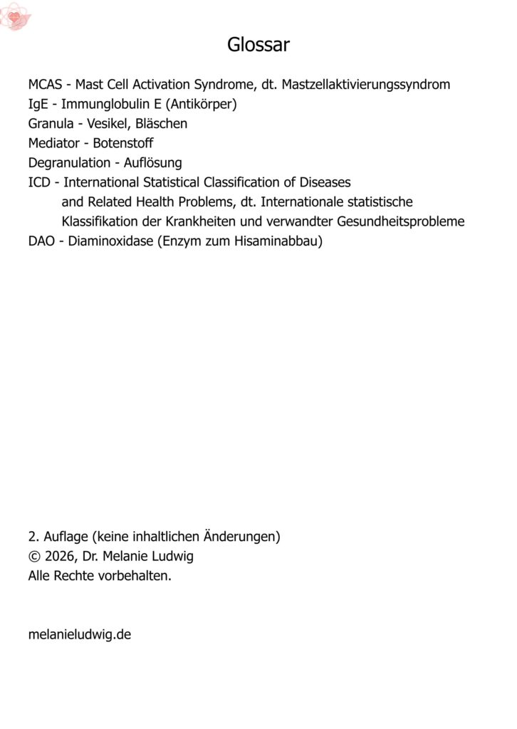Schlichte Textseite auf weißem Hintergrund. Enthält ein Glossar wichtiger Fachbegriffe wie MCAS, IgE, Mediatoren, Degranulation, ICD und DAO sowie Angaben zur Auflage und zum Urheberrecht.