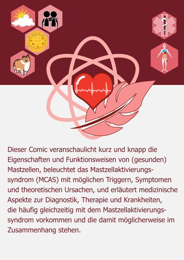 Rückseite des Comic-Hefts. Roter Hintergrund mit großem Herzsymbol in der Mitte. Das Herz ist in ein atomähnliches Emblem eingebettet und wird von einer Feder umrahmt. Um das Herz herum befinden sich sechseckige Symbole aus dem Comic, die Krankheitserreger, Zellen und medizinische Themen darstellen. Darunter ein kurzer zusammenfassender Text zum Inhalt des Comics.